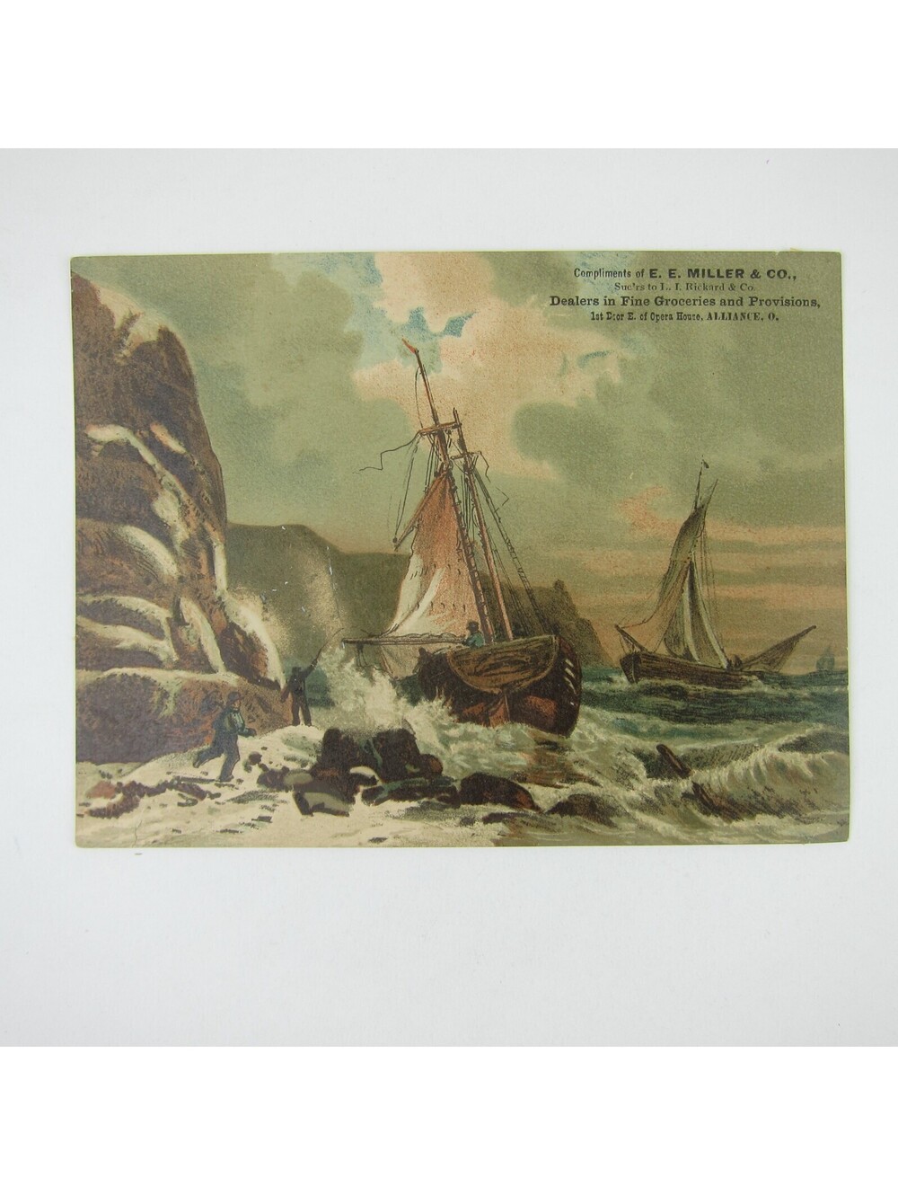 Victorian Trade Card LARGE Sailing Ships Cliff Rock EE Miller & Co Alliance Ohio